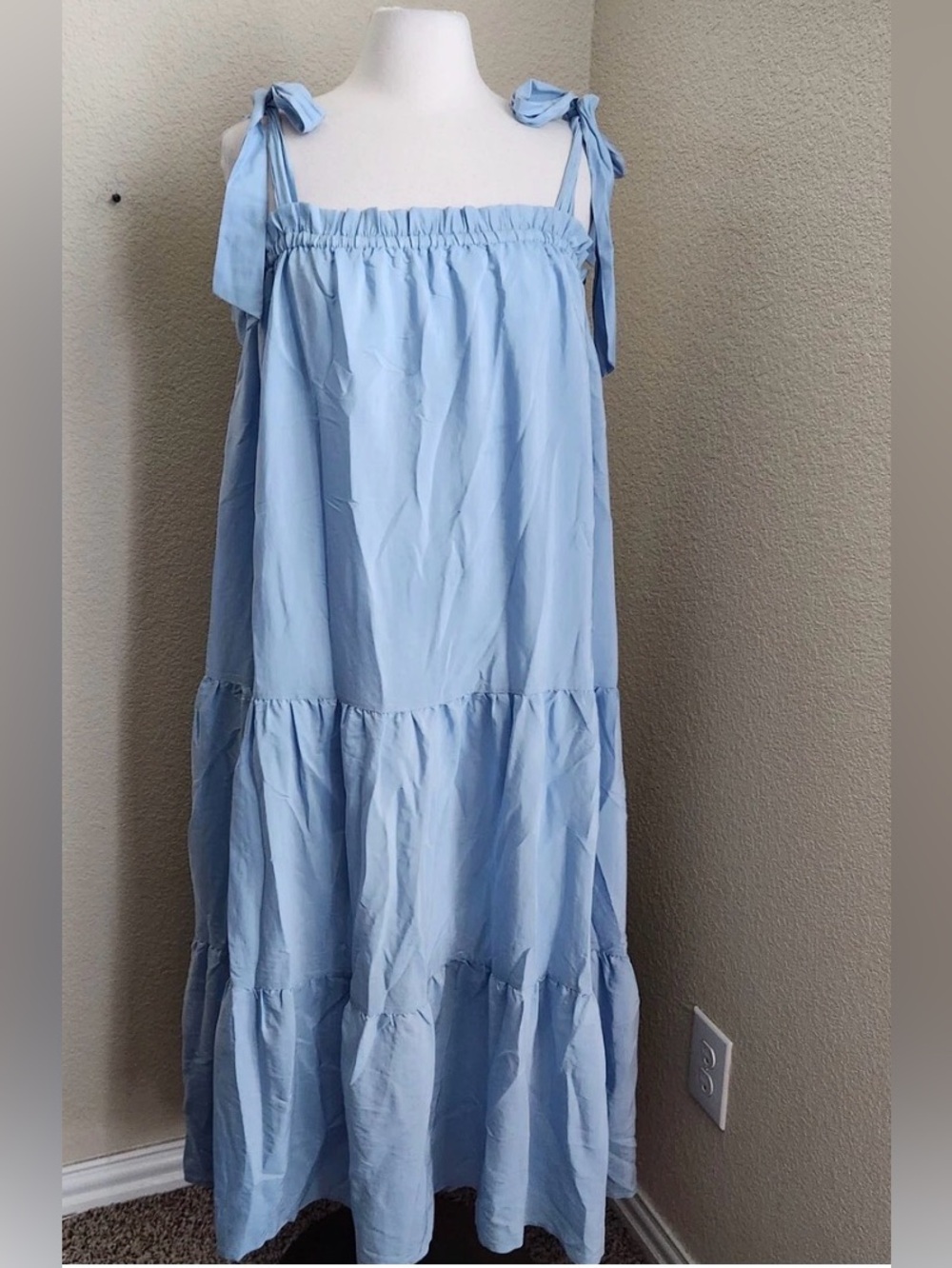 Aura Blue Tie Strap Maxi Dress Small Tiered Cottagecore Boho Coastal Sundress